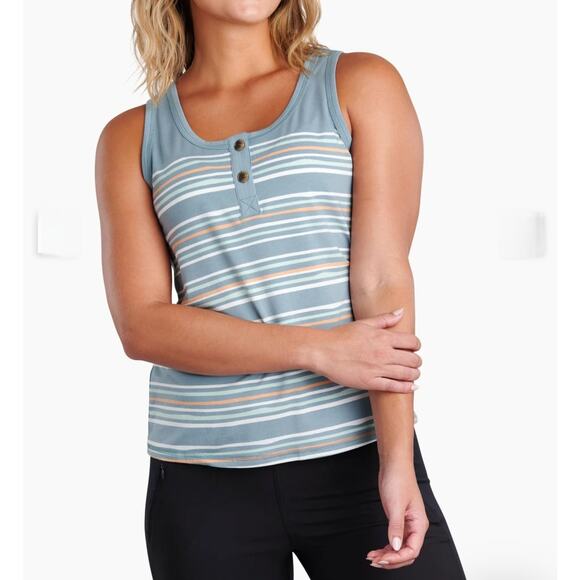 Kuhl Solstice Tank Top Henley Stripe Sz Large Blue Green Shirt Buttons Stretch - Picture 1 of 15